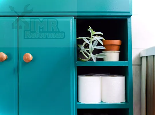 Baño de invitados con gabinete verde azulado y manijas de madera para accesorios de papel higiénico y plantas de interior